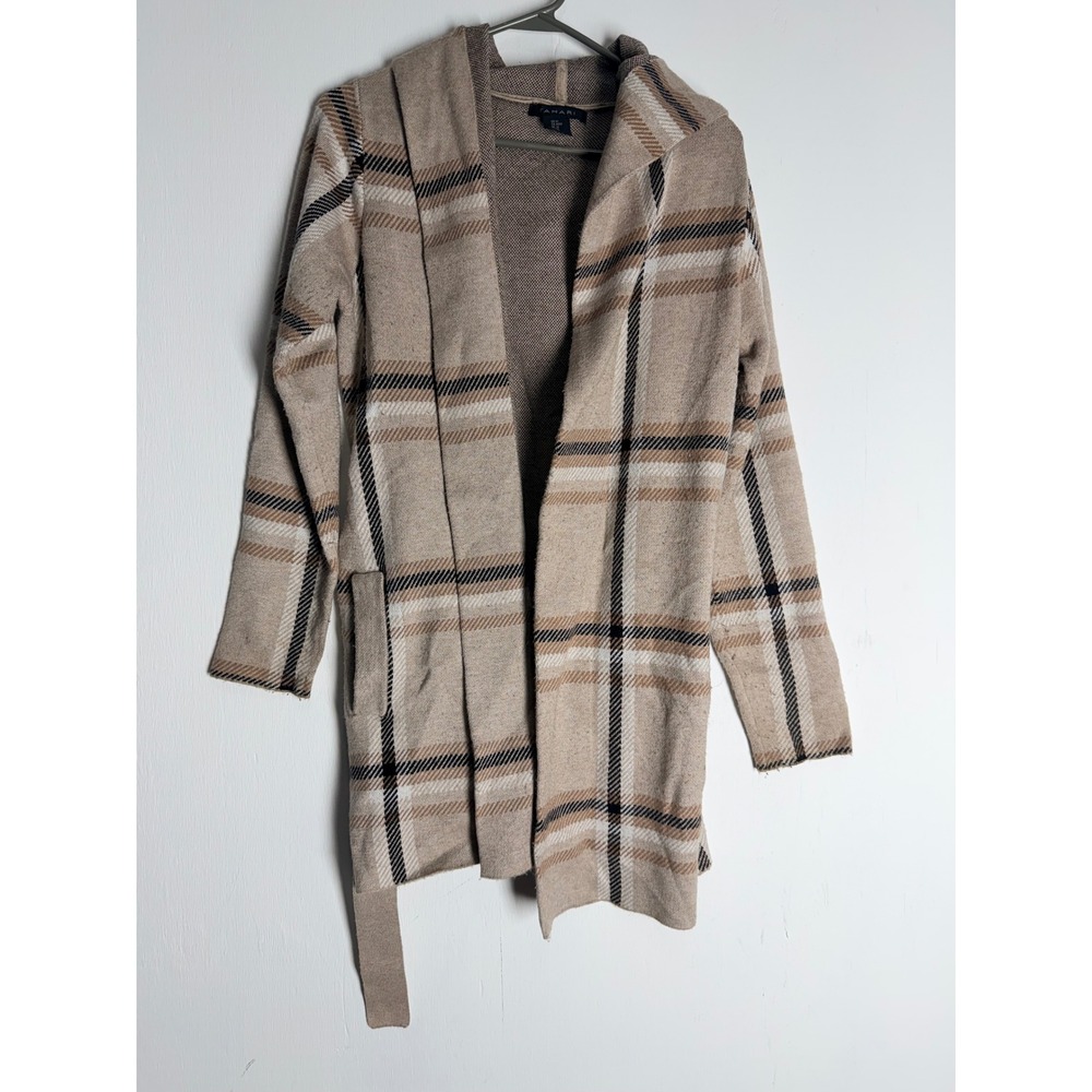 Tahari Tan Plaid Hooded Cardigan Sweater Wrap Belted Longline Size M